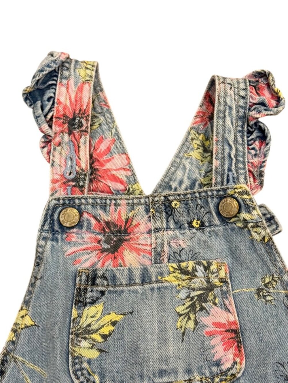 Gap Toddler Floral Denim Overalls 2T With Ruffle Straps - Picture 5 of 7